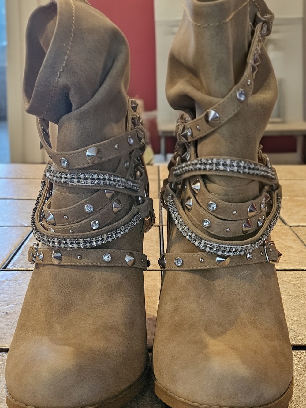 VENUS Tan Suede Ankle Booties with Studs & Crystal Wrap Straps